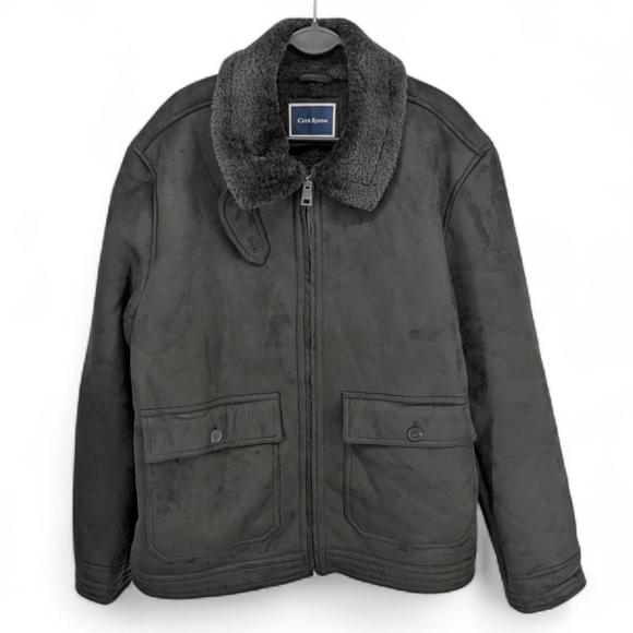 Club Room Men's Faux Suede Shearling Moto Bomber Jacket Black Large - Picture 1 of 7